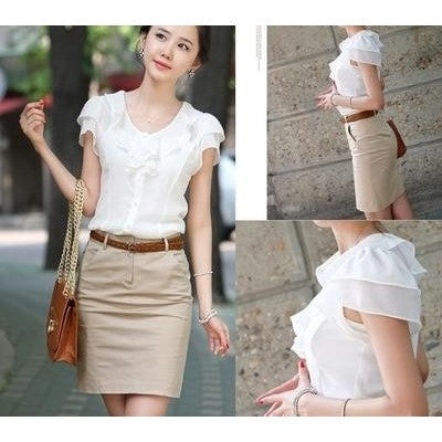 Summer Women Tops Short Sleeve Ruffles Chiffon Blouse Shirt Shirts