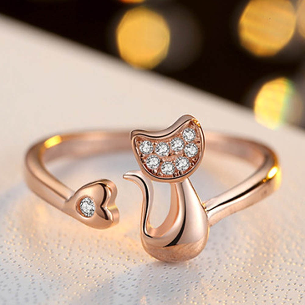 Delicate Silver & Rose Gold Tone Lovely Cat Shape with Clear Crystal Inlaid Ring