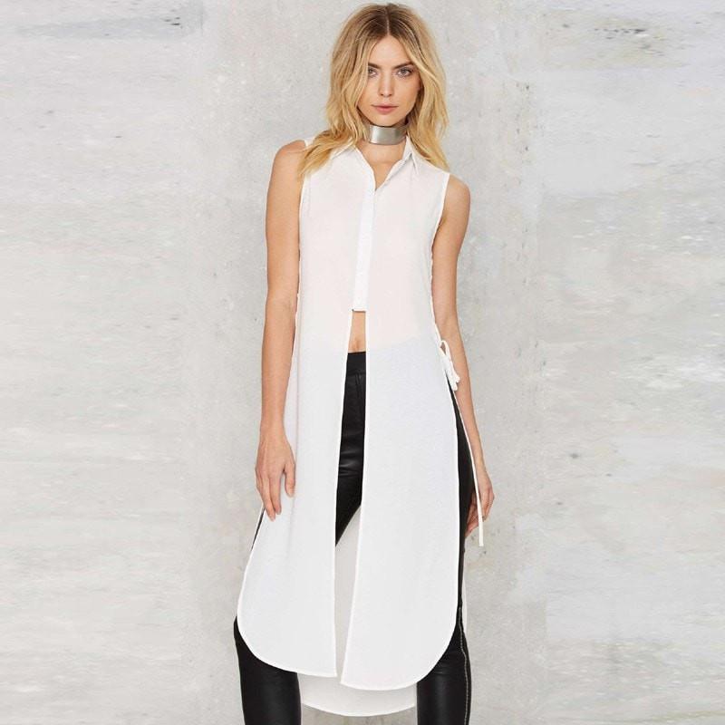 Side-Slit White Chiffon Long Shirt - Club Salvia Side-Slit White Chiffon Long Shirt - Club Salvia